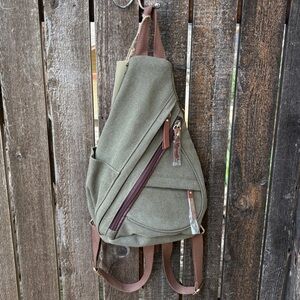 Antik Kraft Olive Cotton Canvas Sling Bag / Small Backpack NWT